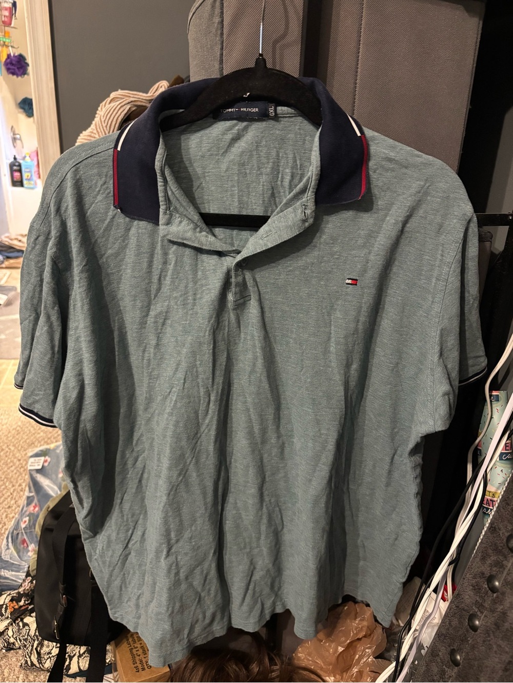 Tommy Hilfiger Men's Green Polo Shirt with Navy Collar 2xl